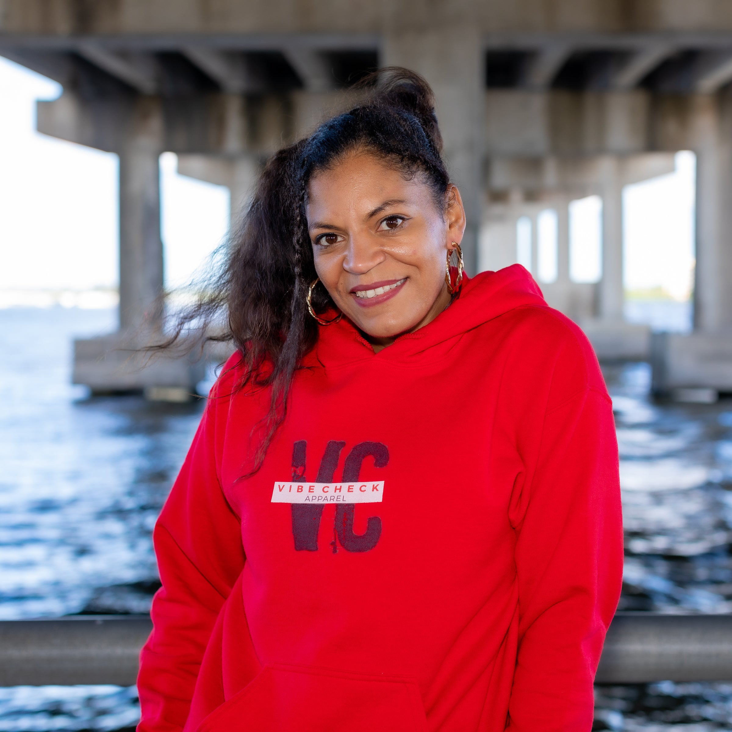 woman in red hoodie